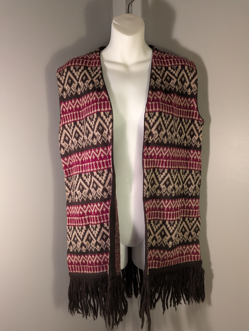 Vintage 70s Lord Jeff 100% Virgin Wool Geometric Open Front Fringed Vest